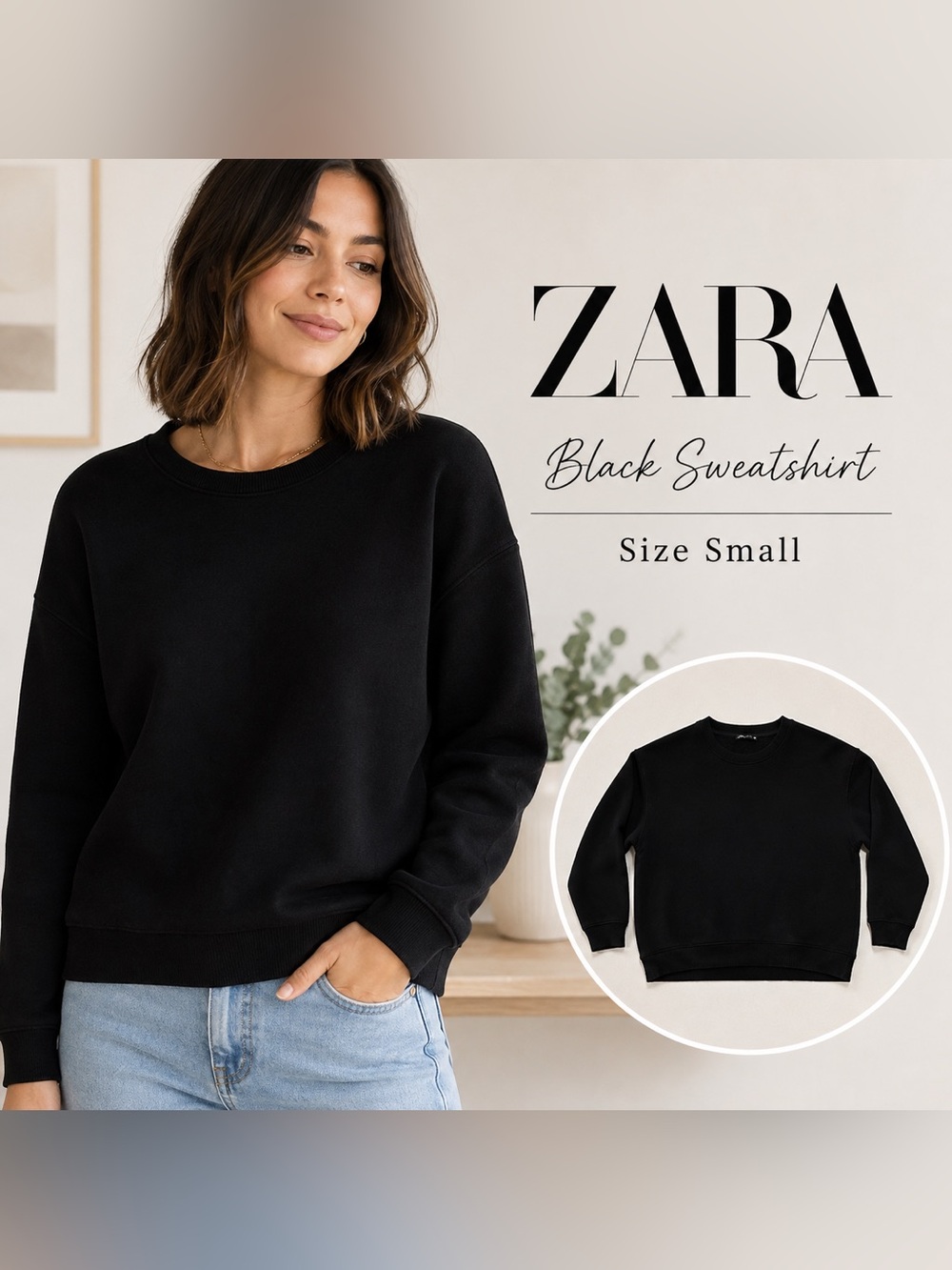 ZARA Black Oversized Crewneck Sweatshirt Size Small Minimalist Pullover